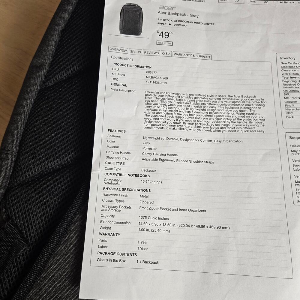 NWOT Acer laptop Backpack - Gray - Picture 5 of 5